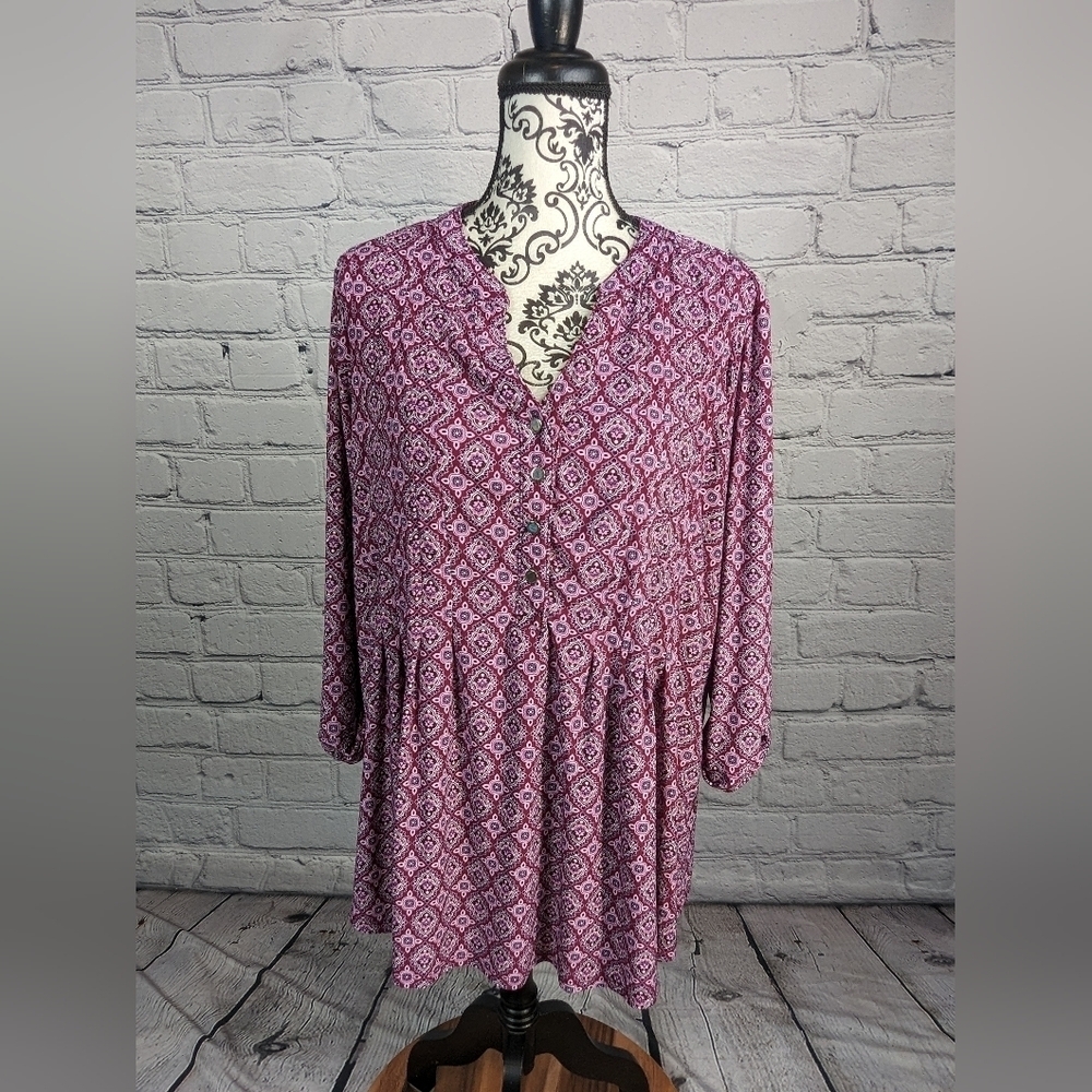 Westport Women's Long Sleeve Stretch Knit Geo Print sz 2x 1/2 Button Front BBIN